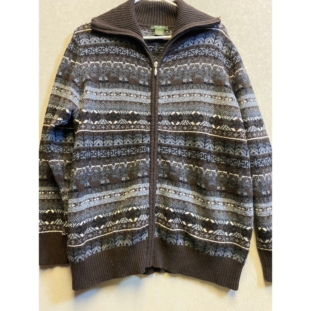 Eddie Bauer Mens XXL Fair Isle Full Zip Cardigan Sweater Brown Lambswool Blend - Picture 4 of 9